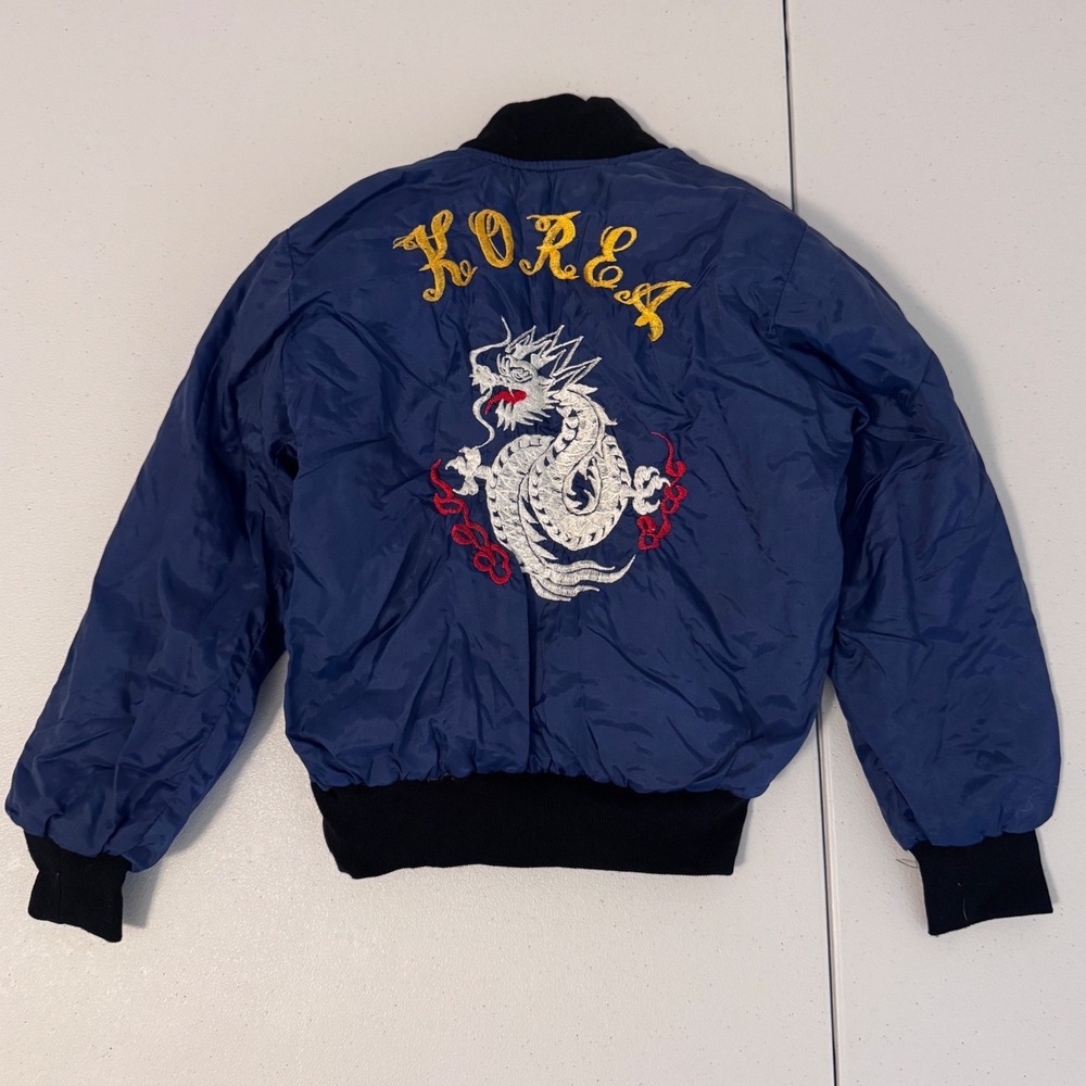 Vintage Peacock Korea Souvenir Jacket Dragon Embroidered Navy Blue Bomber oo
